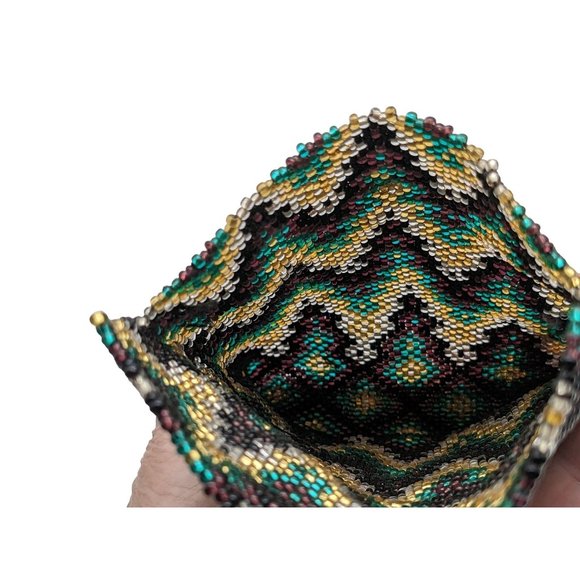 Beaded Bag Medicine Pouch Boho Hand Made Beautiful Pattern Purple Green Gold - Picture 4 of 10